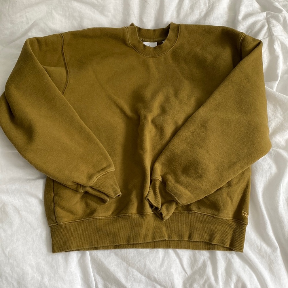 TNA PERFECT COZY FLEECE CREW NECK SWEATSHIRT, size small, colour green/brownish